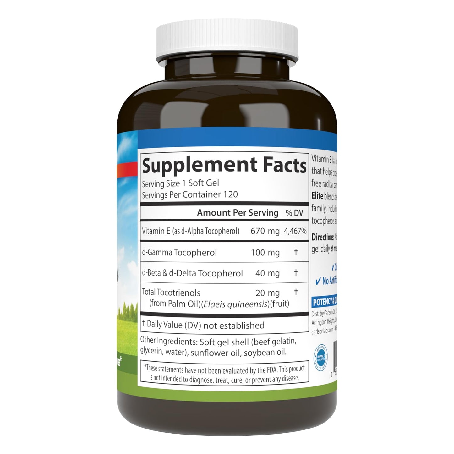 Carlson E-Gems Elite 1000 IU Vitamin E — Heart Health, Tocopherols & Tocotrienols, 120 Soft Gels