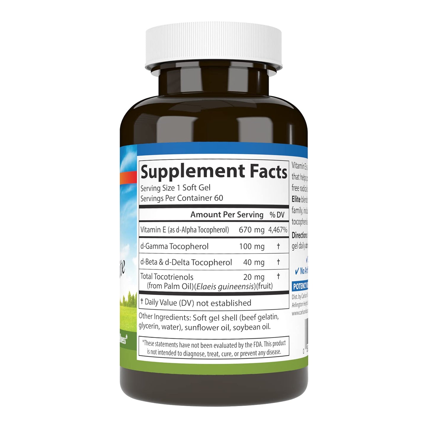 Carlson E-Gems Elite Vitamin E 1000 IU – Tocopherols & Tocotrienols, 60 Softgels