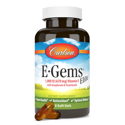 Carlson E-Gems Elite Vitamin E 1000 IU – Tocopherols & Tocotrienols, 60 Softgels