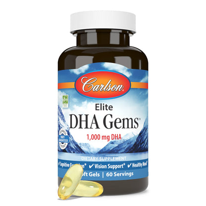 Carlson Elite DHA Gems 1000 mg DHA – Wild-Caught, Sustainably Sourced, 60 Softgels