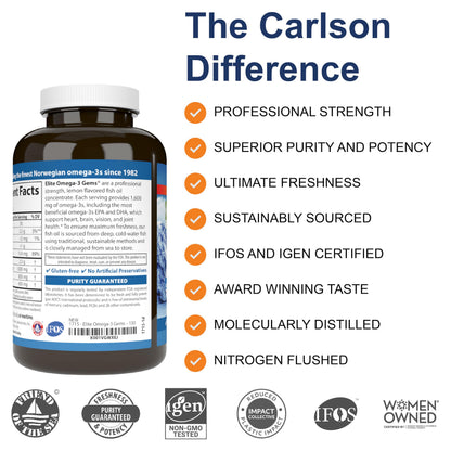 Carlson Elite Omega-3 Gems | 1600 mg EPA+DHA, Wild-Caught Norwegian Lemon Softgels - 130 Softgels