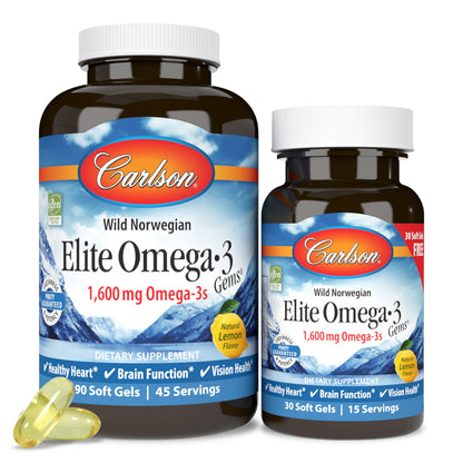 Carlson Elite Omega-3 Gems — 1600 mg EPA/DHA, Wild-Caught Norwegian Fish Oil, Lemon Flavor, 90+30 Softgels