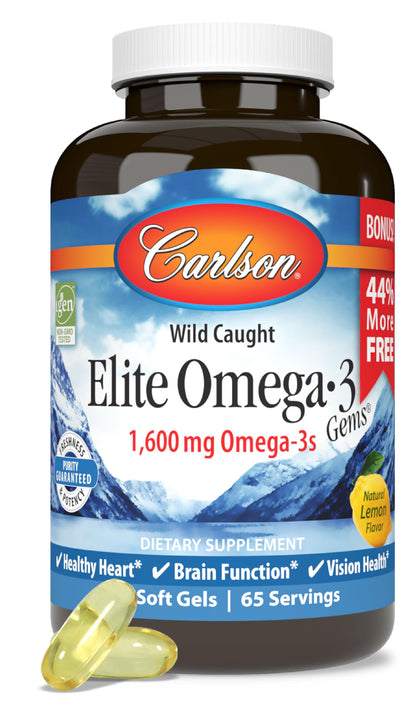 Carlson Elite Omega-3 Gems | 1600 mg EPA+DHA, Wild-Caught Norwegian Lemon Softgels - 130 Softgels