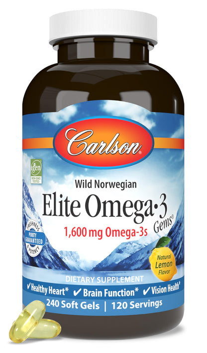 Carlson Elite Omega-3 Gems Lemon 1600 mg | Wild-Caught Norwegian Fish Oil, 240 Softgels