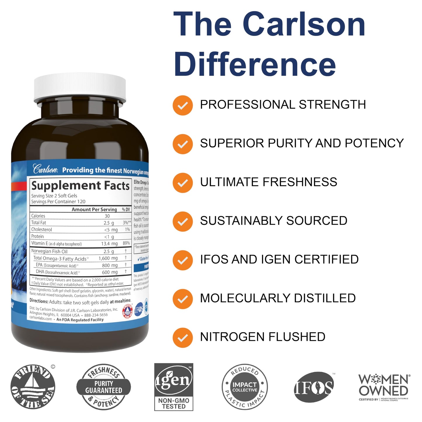 Carlson Elite Omega-3 Gems Lemon 1600 mg | Wild-Caught Norwegian Fish Oil, 240 Softgels