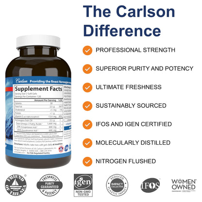 Carlson Elite Omega-3 Gems Lemon 1600 mg | Wild-Caught Norwegian Fish Oil, 240 Softgels