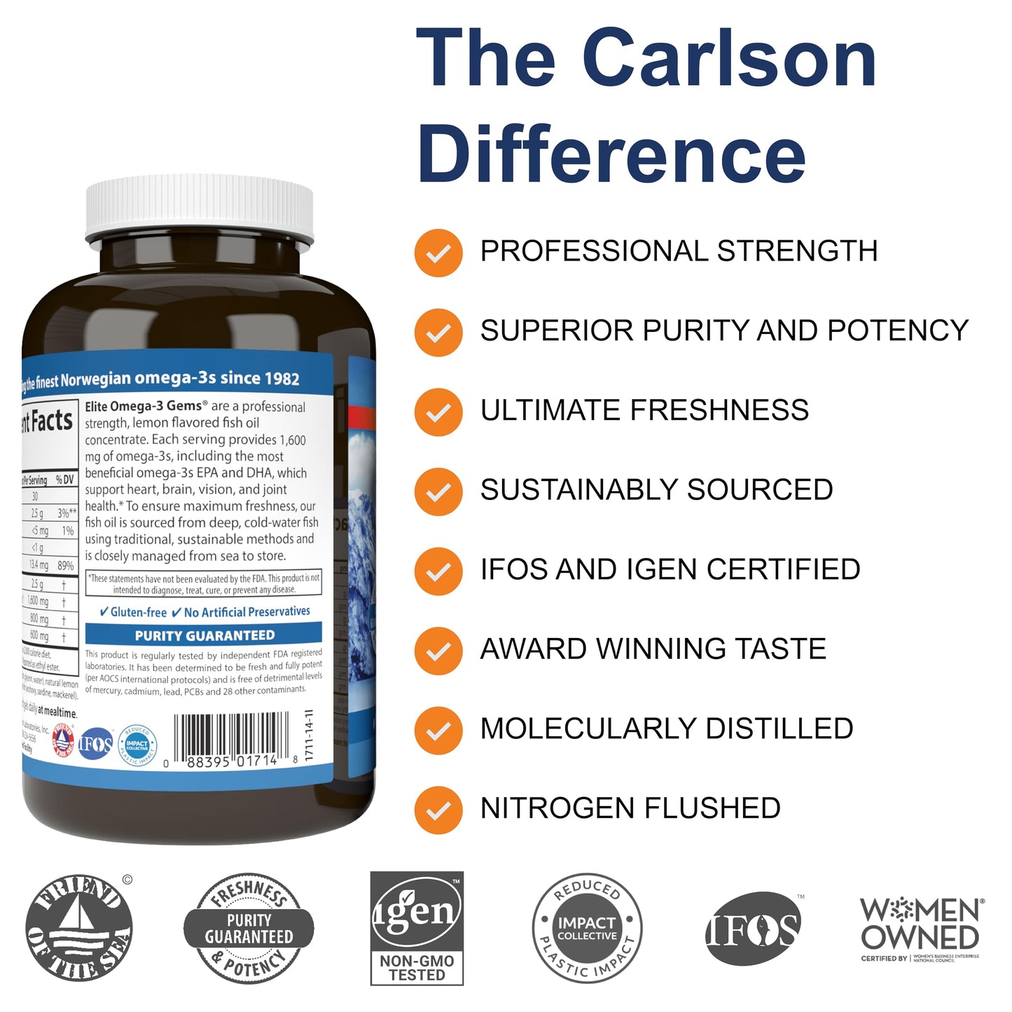Carlson Elite Omega-3 Gems — 1600 mg EPA/DHA, Wild-Caught Norwegian Fish Oil, Lemon Flavor, 90+30 Softgels