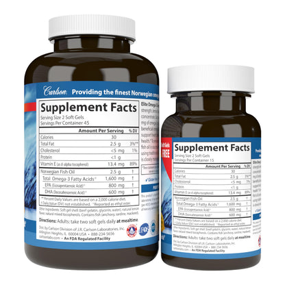 Carlson Elite Omega-3 Gems — 1600 mg EPA/DHA, Wild-Caught Norwegian Fish Oil, Lemon Flavor, 90+30 Softgels