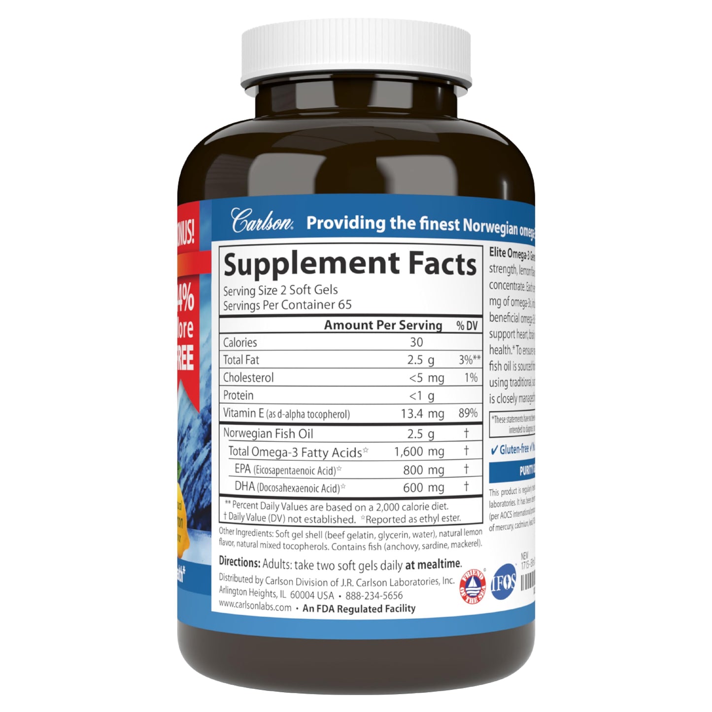 Carlson Elite Omega-3 Gems | 1600 mg EPA+DHA, Wild-Caught Norwegian Lemon Softgels - 130 Softgels