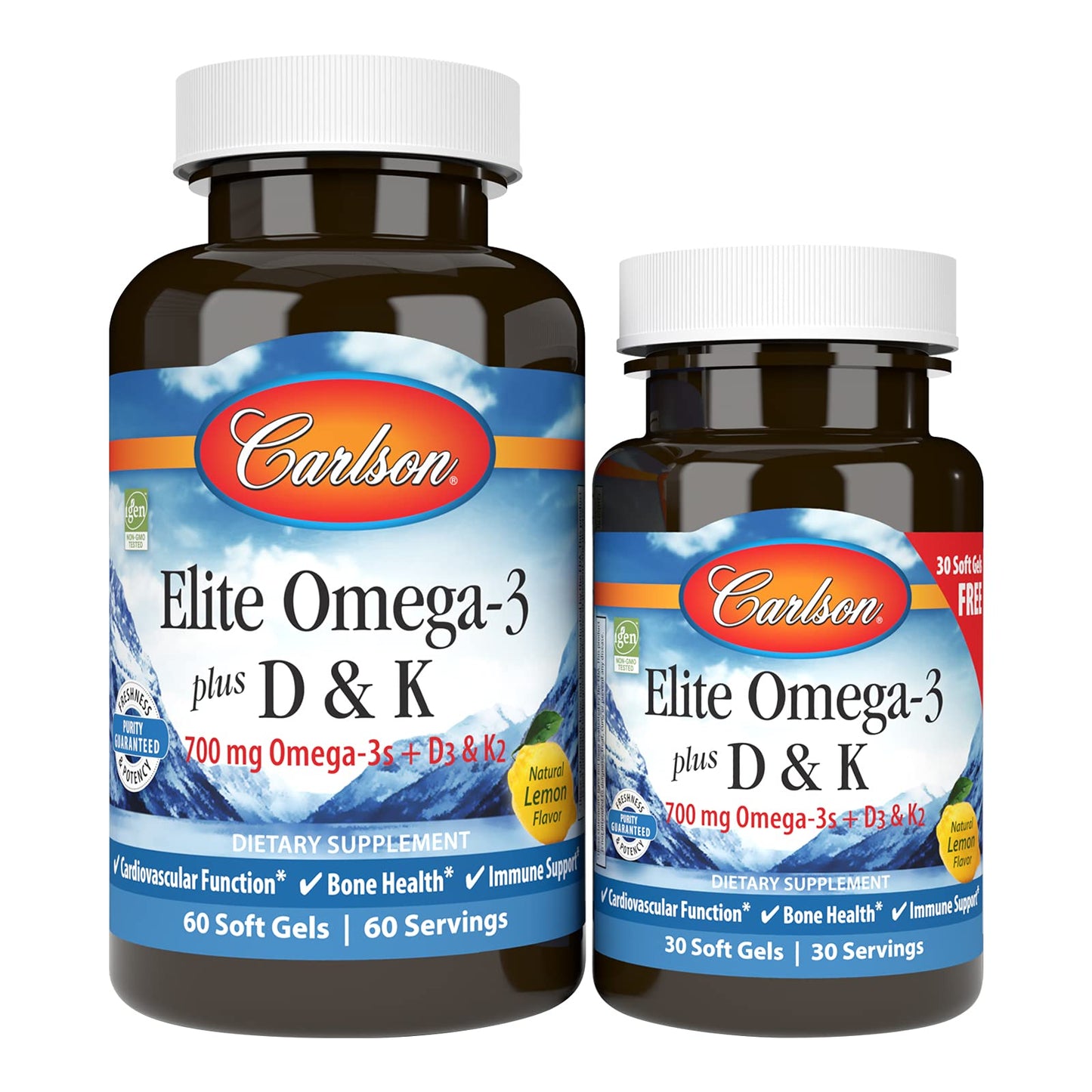 Carlson Elite Omega-3 Plus D & K - 700 mg EPA/DHA + D3 & K2, Lemon | Bone Health & Immune Support