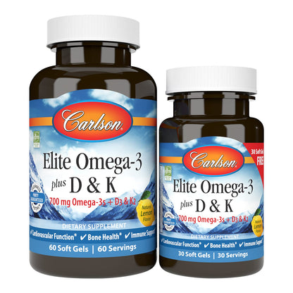 Carlson Elite Omega-3 Plus D & K - 700 mg EPA/DHA + D3 & K2, Lemon | Bone Health & Immune Support