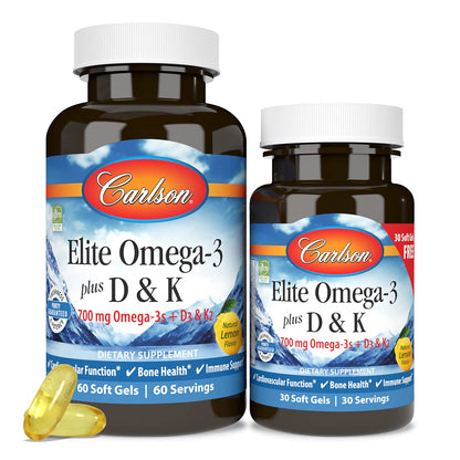 Carlson Elite Omega-3 Plus D & K - 700 mg EPA/DHA + D3 & K2, Lemon | Bone Health & Immune Support
