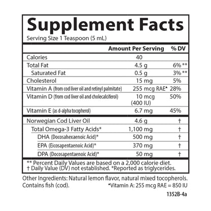Carlson Cod Liver Oil 1100 mg Omega-3s + Vitamins A & D3 — Wild-Caught Nordic Arctic, Lemon, 500 mL
