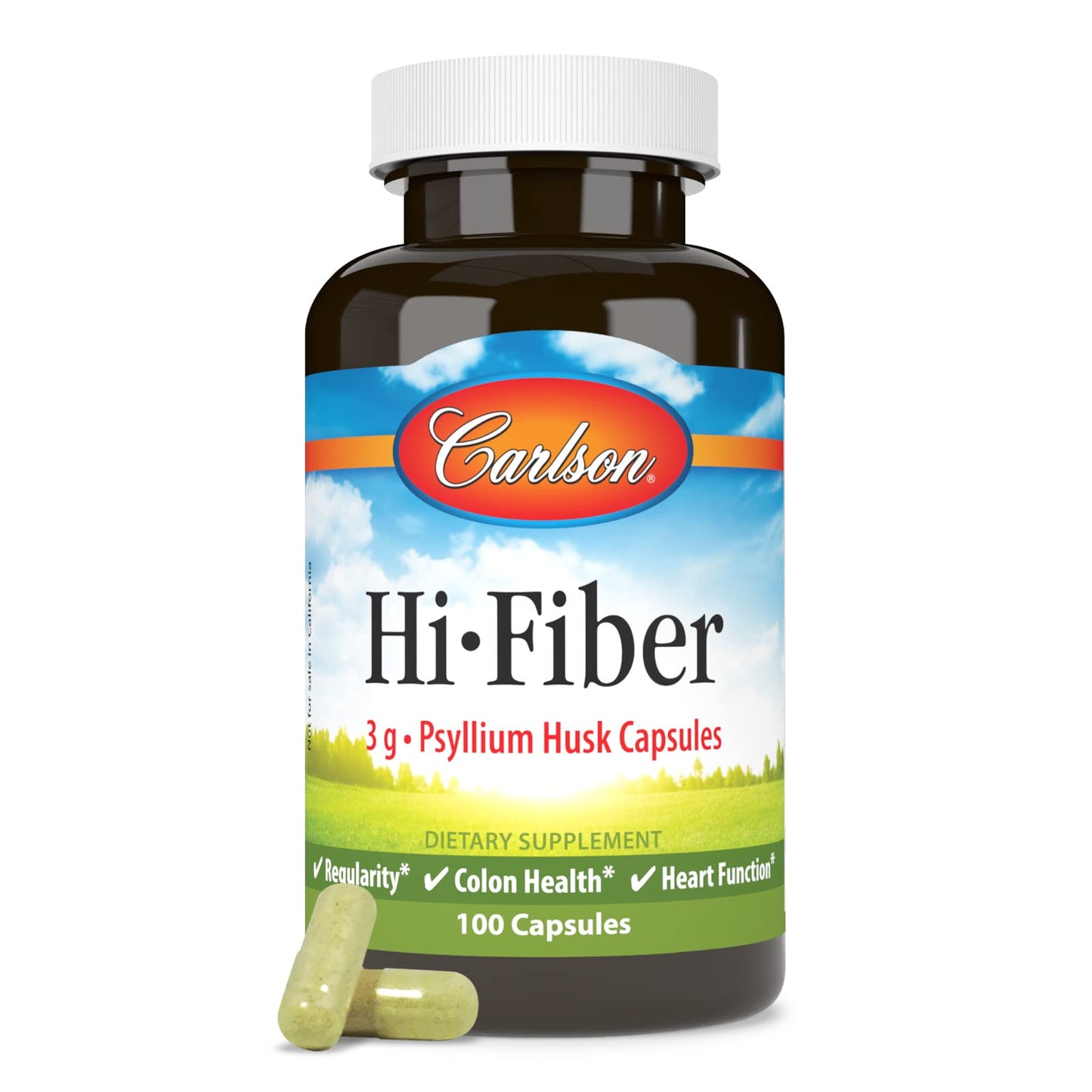 Carlson Hi-Fiber Psyllium Husk Capsules 3 g – Regularity, Colon Health & Heart Function | 100 Capsules