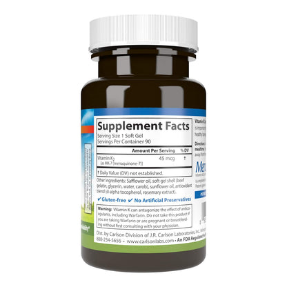 Carlson Vitamin K2 MK-7 45 mcg – 90 Softgels | Bone Support & Calcium Bioavailability