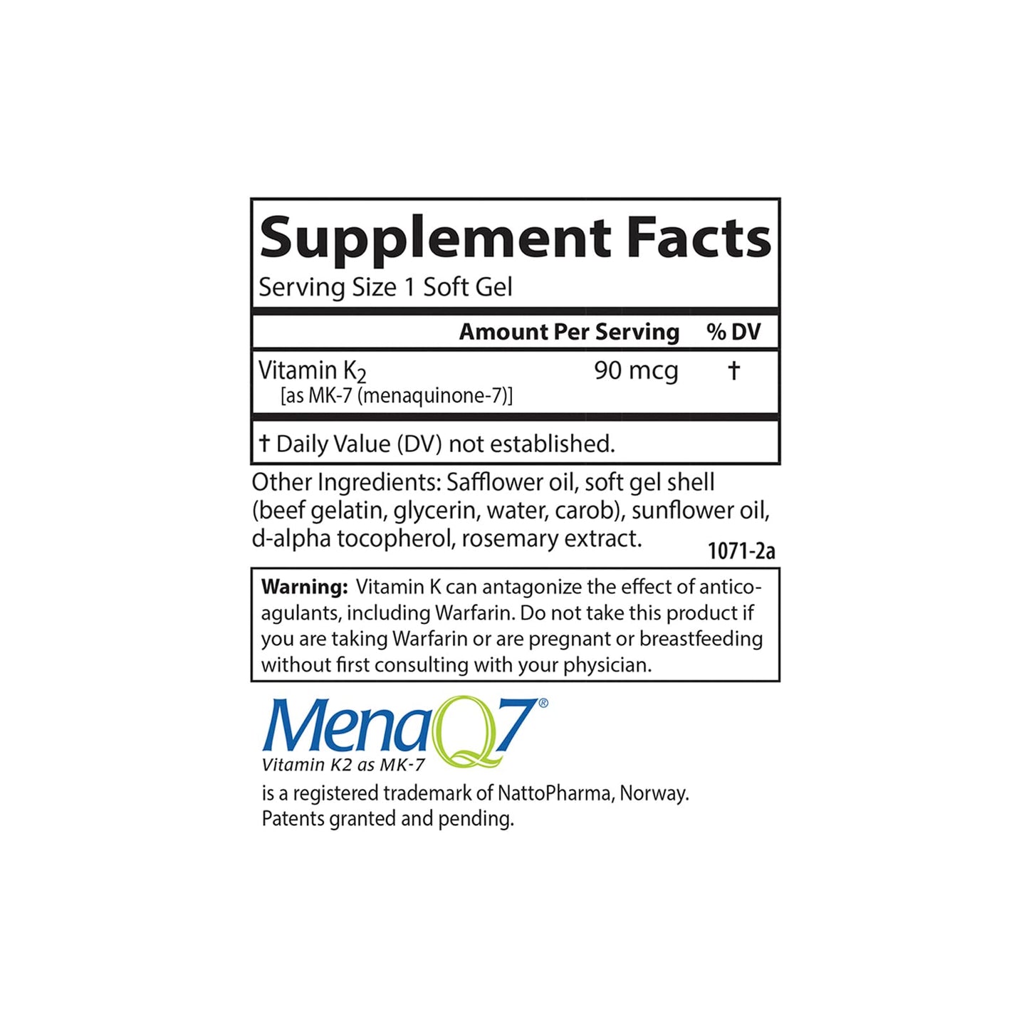 Carlson - Vitamin K2 MK-7 (Menaquinone), 90 mcg, Bone Support, Calcium Bioavailability, K2 Vitamin, Vitamin K-2, 60 Softgels