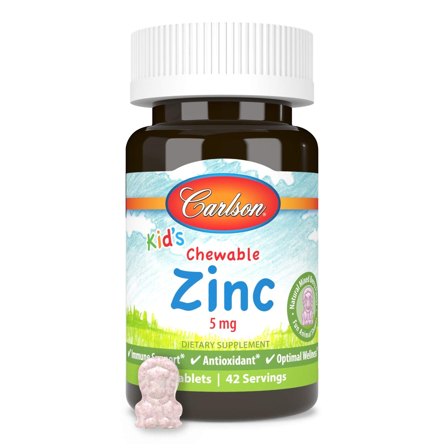 Carlson Kids' Chewable Zinc 5 mg – Immune Support, Antioxidant Power | Berry Flavor, 42 Tablets
