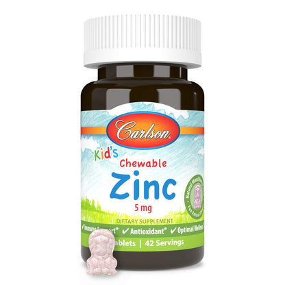 Carlson Kids' Chewable Zinc 5 mg – Immune Support, Antioxidant Power | Berry Flavor, 42 Tablets