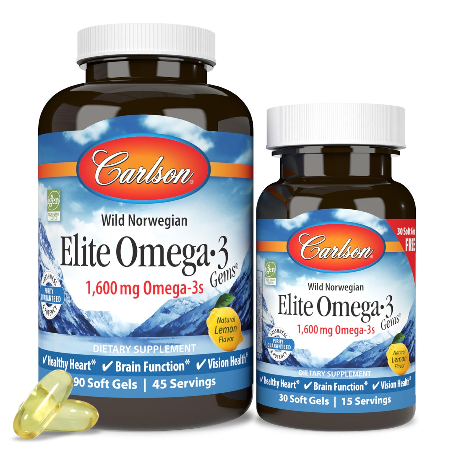 Carlson Elite Omega-3 Gems — 1600 mg EPA/DHA, Wild-Caught Norwegian Fish Oil, Lemon Flavor, 90+30 Softgels