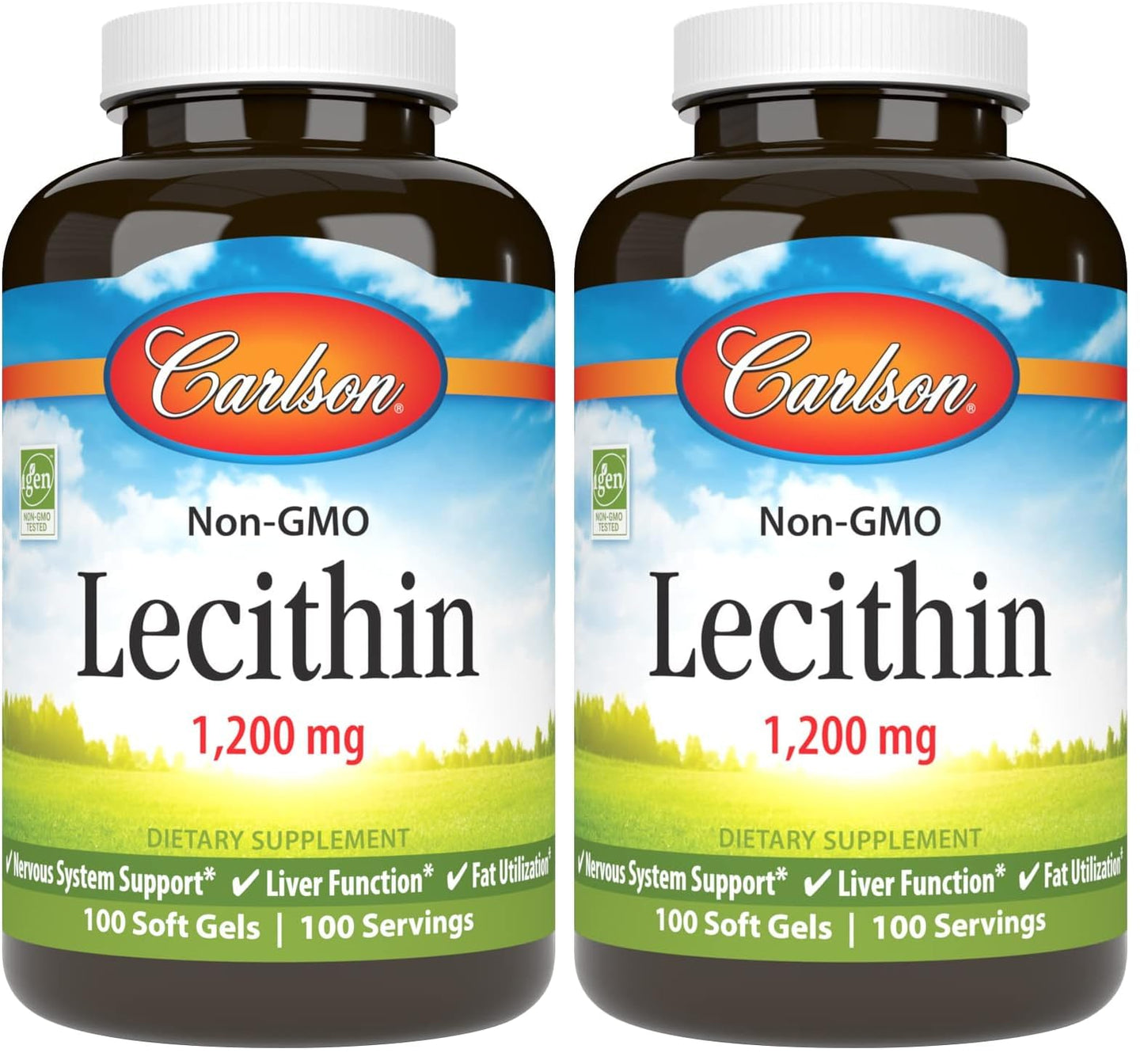 Carlson Lecithin 1200 mg Non-GMO - Nervous System & Liver Support | 100 Softgels (Pack of 2)