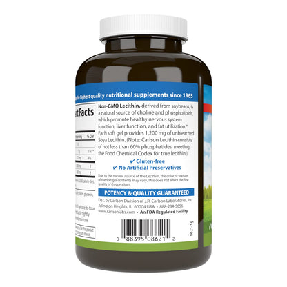 Carlson Lecithin 1200 mg Softgels – Non-GMO, Nervous System & Liver Support (100 Softgels)