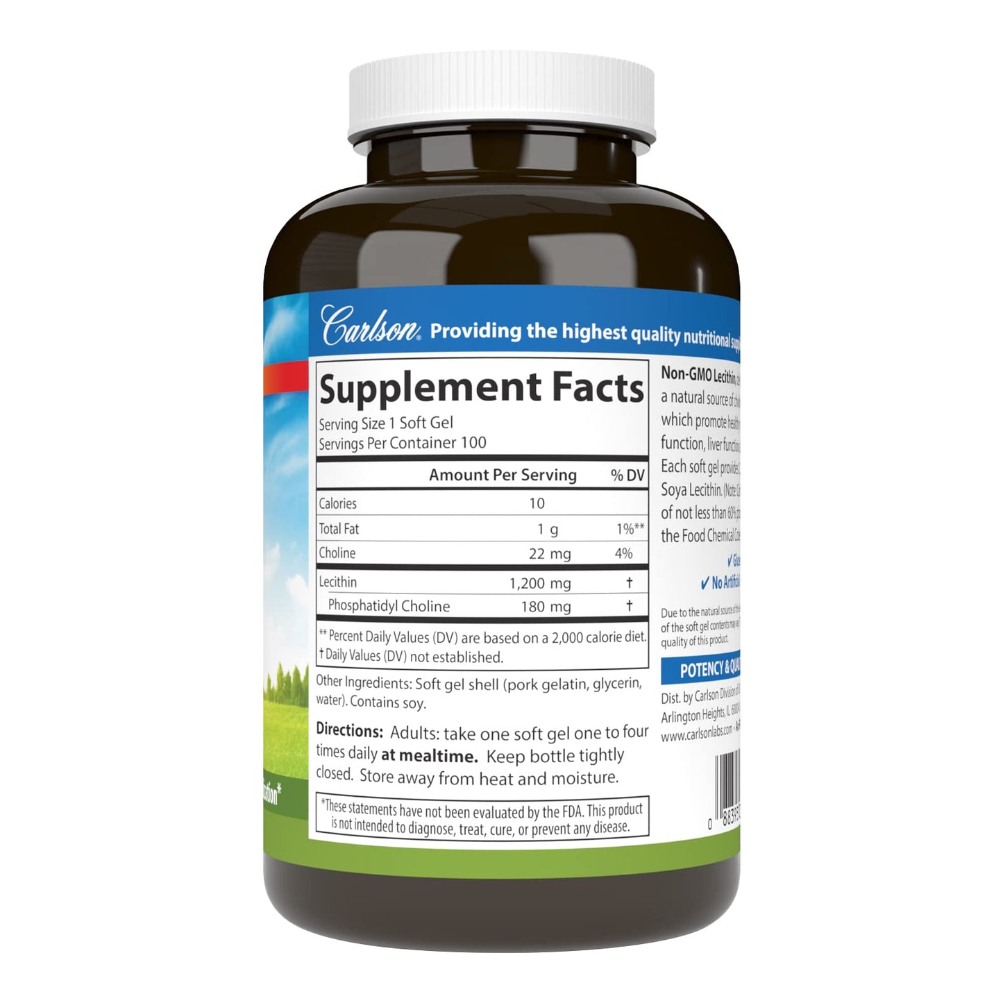 Carlson Lecithin 1200 mg Softgels – Non-GMO, Nervous System & Liver Support (100 Softgels)