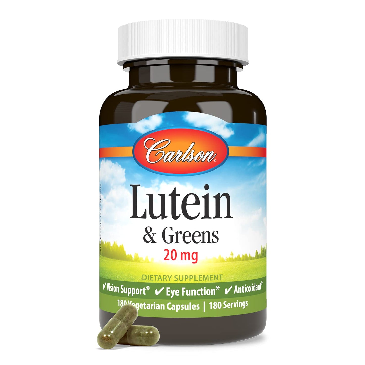 Carlson Lutein & Greens 20 mg - Vision Support & Eye Function - 180 Vegetarian Capsules