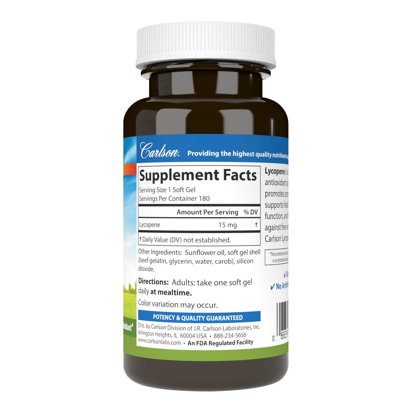 Carlson Lycopene 15 mg Tomato-Free – Prostate Health & Circulation Support, 180 Softgels