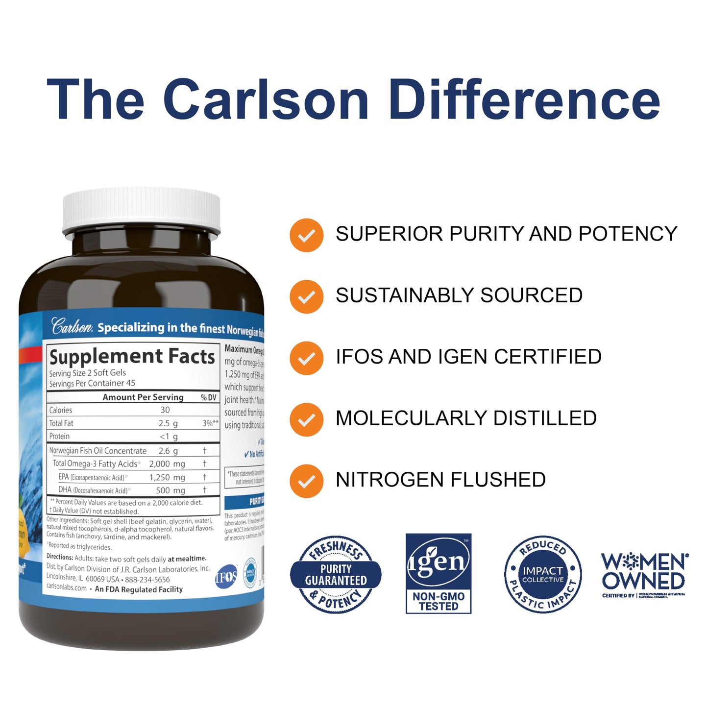 Carlson Maximum Omega 2000 — 2000 mg Omega-3 per Serving, Lemon Soft Gels, Wild-Caught, 90 Soft Gels