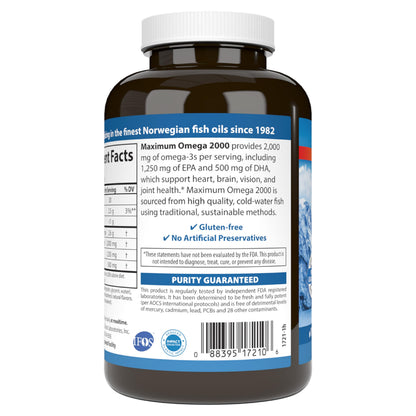 Carlson Maximum Omega 2000 — 2000 mg Omega-3 per Serving, Lemon Soft Gels, Wild-Caught, 90 Soft Gels