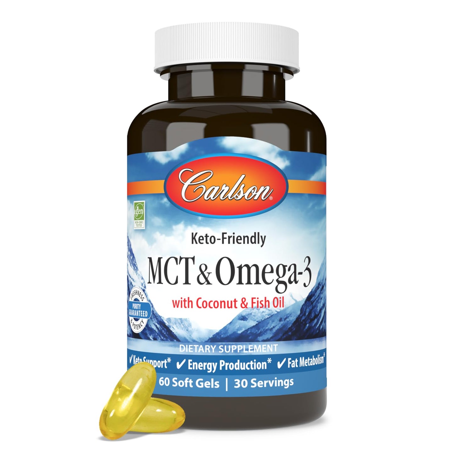Carlson MCT & Omega-3 Coconut Oil | 60 Softgels – Energy, Fat Metabolism & Brain Health