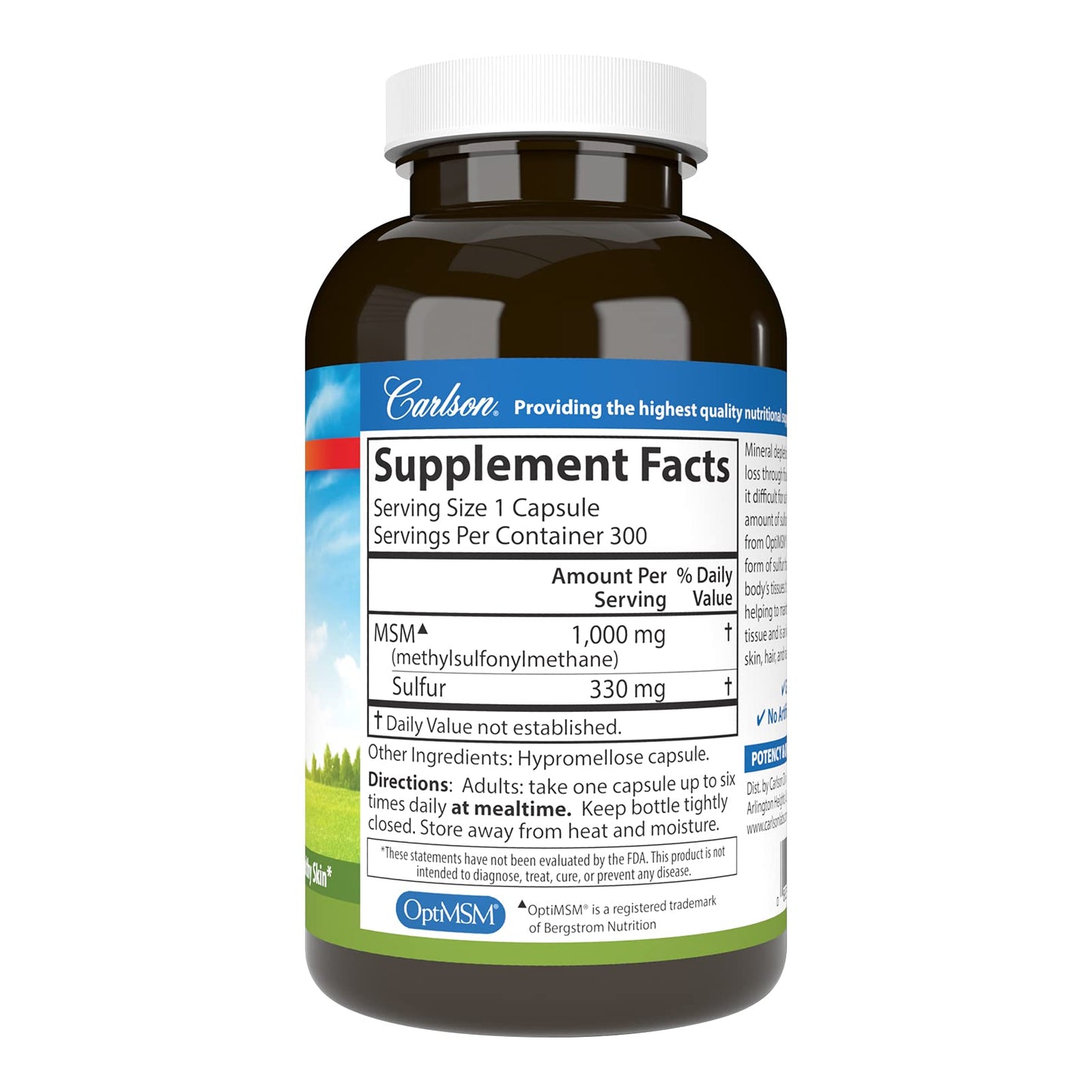 Carlson MSM Sulfur 1000 mg – Superior Bioavailability, Joint Support, Connective Tissue & Healthy Skin | 300 Vegetarian Capsules