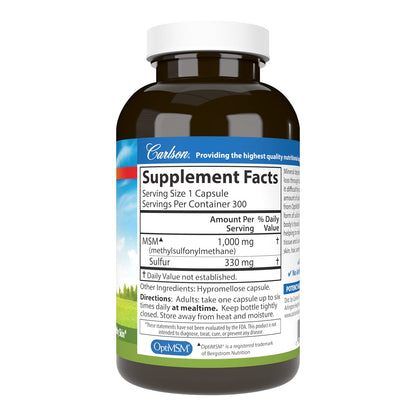 Carlson MSM Sulfur 1000 mg – Superior Bioavailability, Joint Support, Connective Tissue & Healthy Skin | 300 Vegetarian Capsules