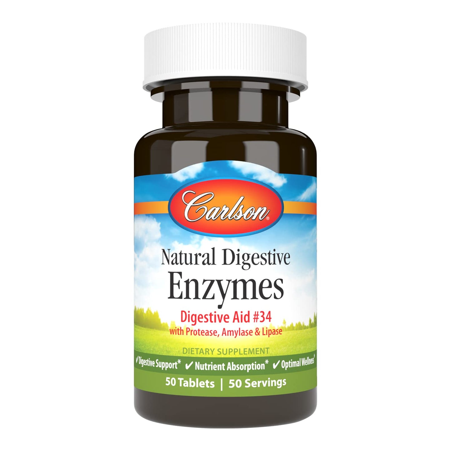 Carlson Natural Digestive Enzymes #34 - Protease, Amylase & Lipase | Digestive Support, 50 Tablets