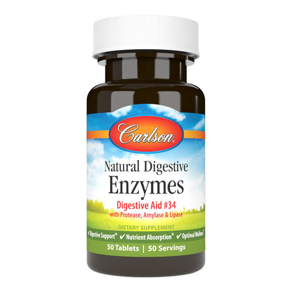 Carlson Natural Digestive Enzymes #34 - Protease, Amylase & Lipase | Digestive Support, 50 Tablets