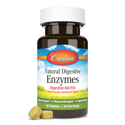 Carlson Natural Digestive Enzymes #34 - Protease, Amylase & Lipase | Digestive Support, 50 Tablets