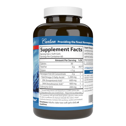 Carlson Super Omega-3 Gems + CoQ10 - 1200 mg Omega-3s, 200 mg CoQ10 | 120 Softgels
