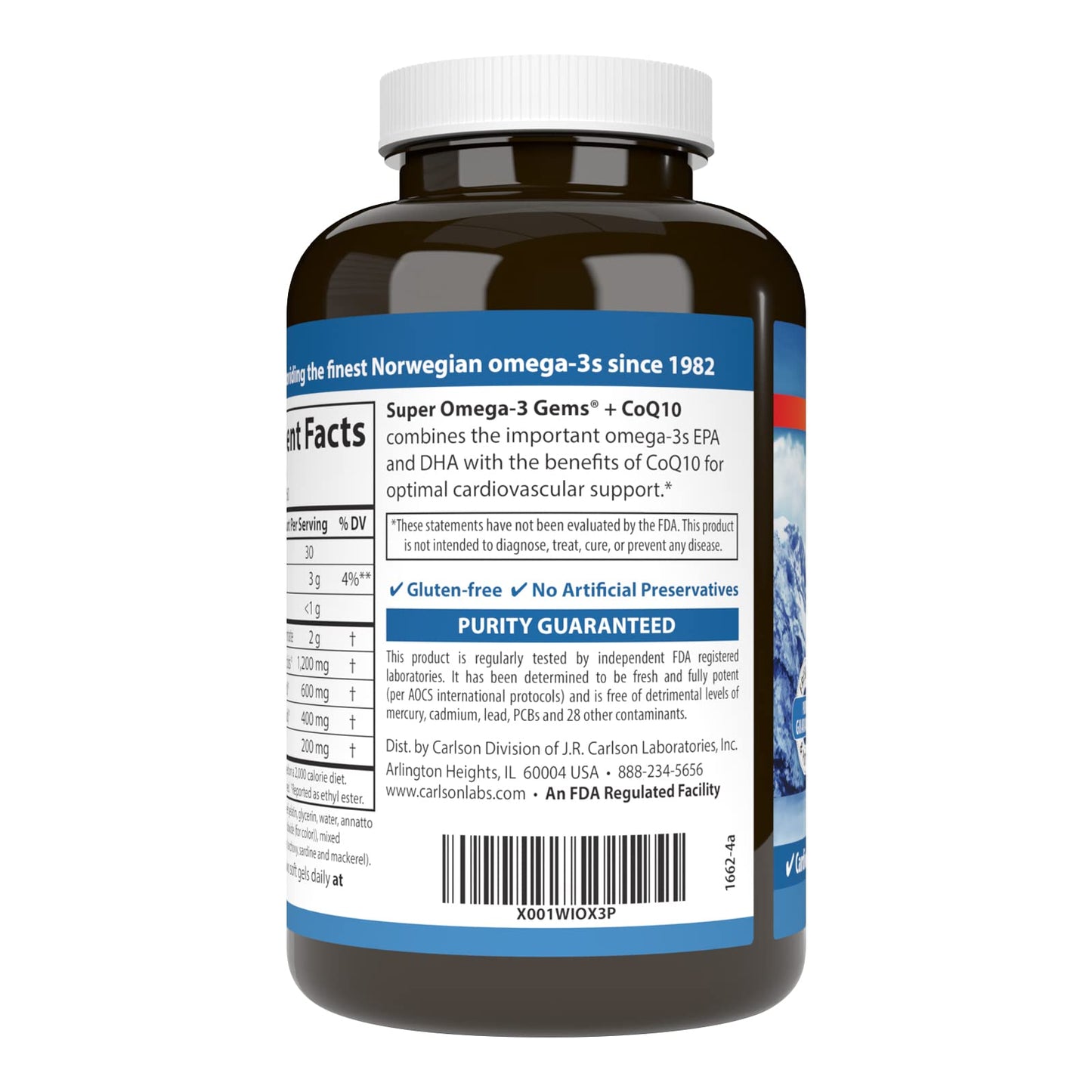 Carlson Super Omega-3 Gems + CoQ10 - 1200 mg Omega-3s, 200 mg CoQ10 | 120 Softgels