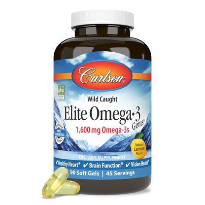 Carlson Elite Omega-3 Gems – 1600 mg EPA & DHA, Wild-Caught Norwegian Fish Oil, Lemon Flavor, 90 Softgels