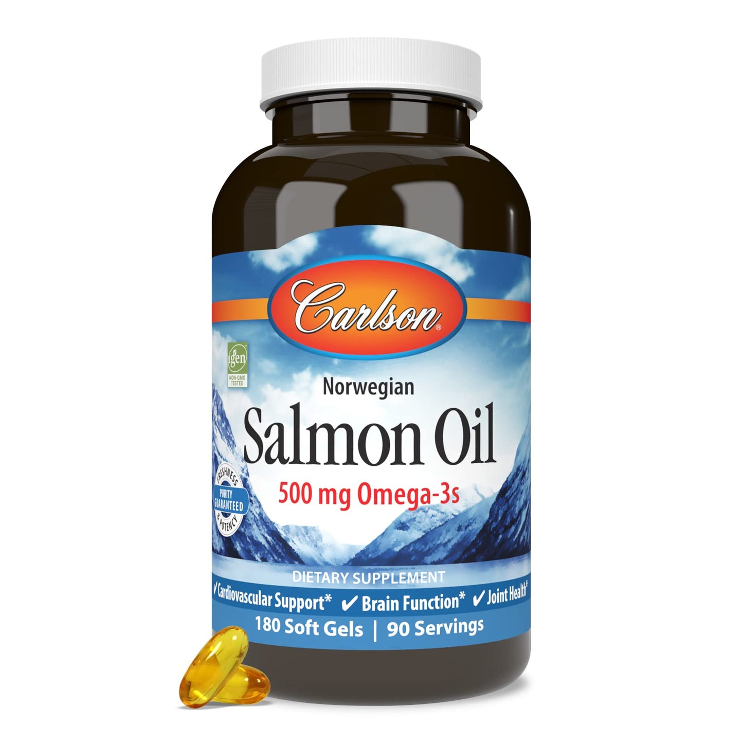 Carlson Salmon Oil 500 mg Omega-3 — Norwegian Wild-Caught, Sustainably Sourced, 180 Softgels