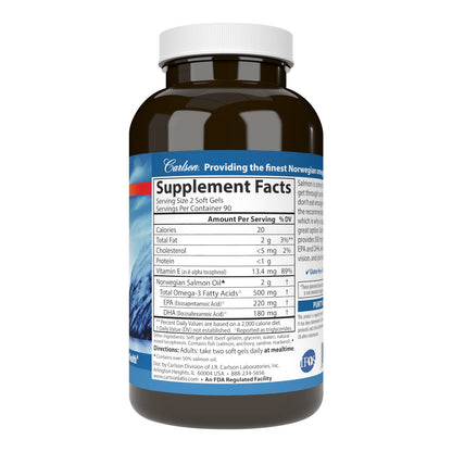 Carlson Salmon Oil 500 mg Omega-3 — Norwegian Wild-Caught, Sustainably Sourced, 180 Softgels