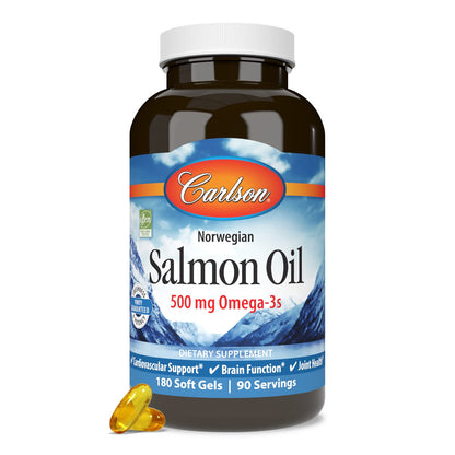 Carlson Salmon Oil 500 mg Omega-3 — Norwegian Wild-Caught, Sustainably Sourced, 180 Softgels