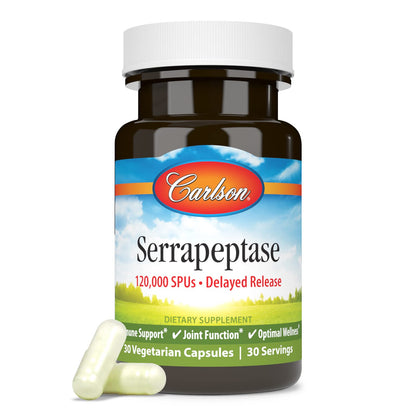 Carlson Serrapeptase 120000 SPUs - Delayed Release, Immune & Joint Support, 30 Vegetarian Capsules