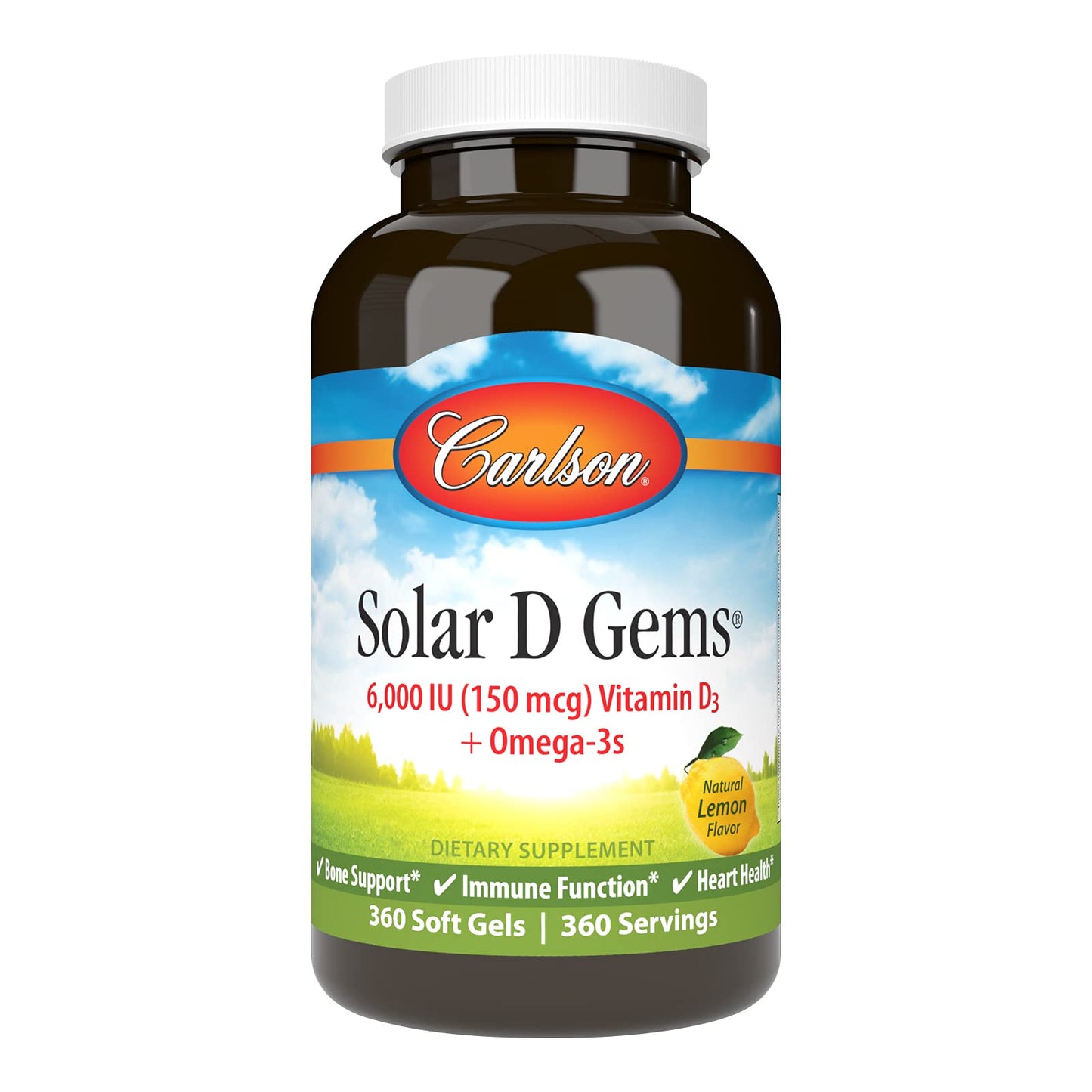Carlson Solar D Gems: Vitamin D3 6000 IU + Omega-3 (EPA/DHA), Lemon, 360 Softgels