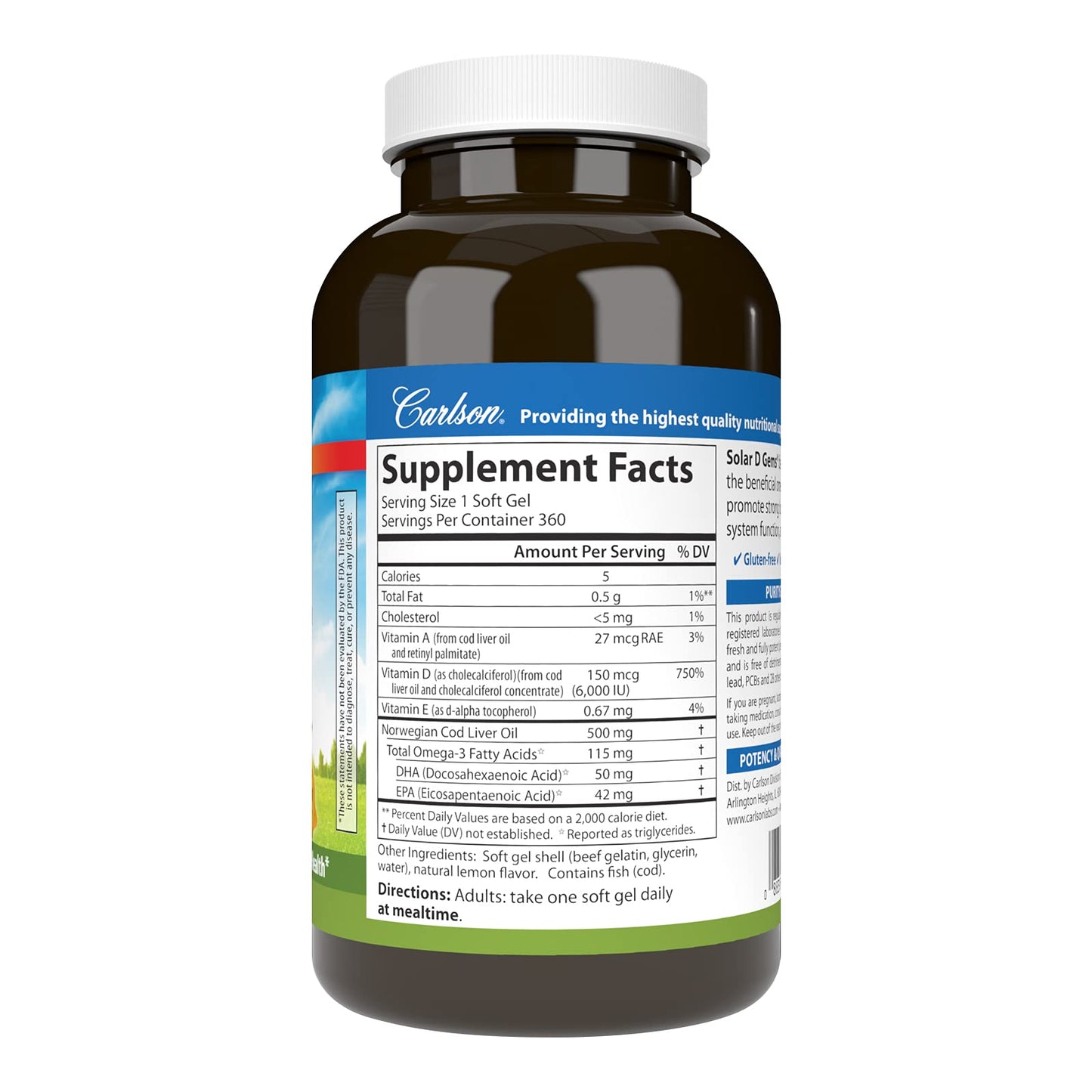 Carlson Solar D Gems: Vitamin D3 6000 IU + Omega-3 (EPA/DHA), Lemon, 360 Softgels