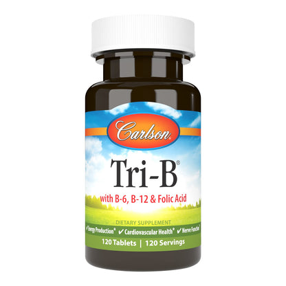 Carlson Tri-B B-Complex Vitamins | B6 B12 Folic Acid - 120 Tablets | Heart Health