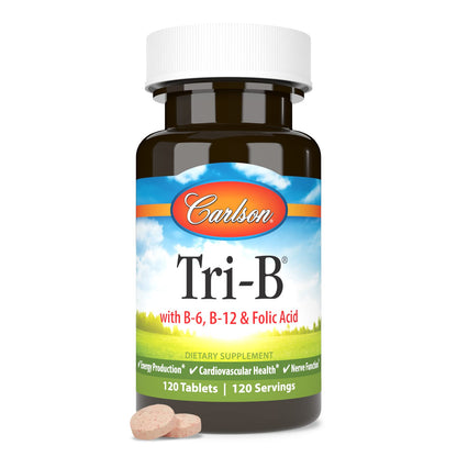 Carlson Tri-B B-Complex Vitamins | B6 B12 Folic Acid - 120 Tablets | Heart Health