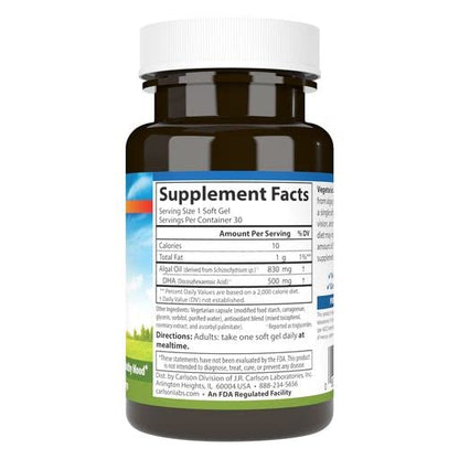 Carlson Vegetarian DHA – Plant-Based Algae-Sourced DHA (570 mg) | 30 Softgels