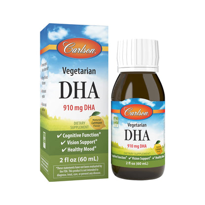Carlson Vegetarian DHA – 910 mg DHA, Plant-Based Omega-3, Lemon, 60 mL (2 fl oz)