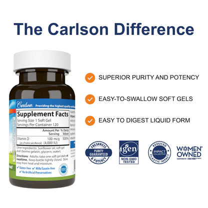 Carlson Vitamin D3 4000 IU (100 mcg) - 120 Softgels | Gluten Free